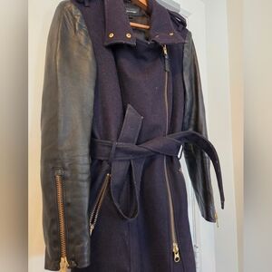 Women's Mackage Dale Wool Trench Coat with Leather Sleeves - Black - Size Medium